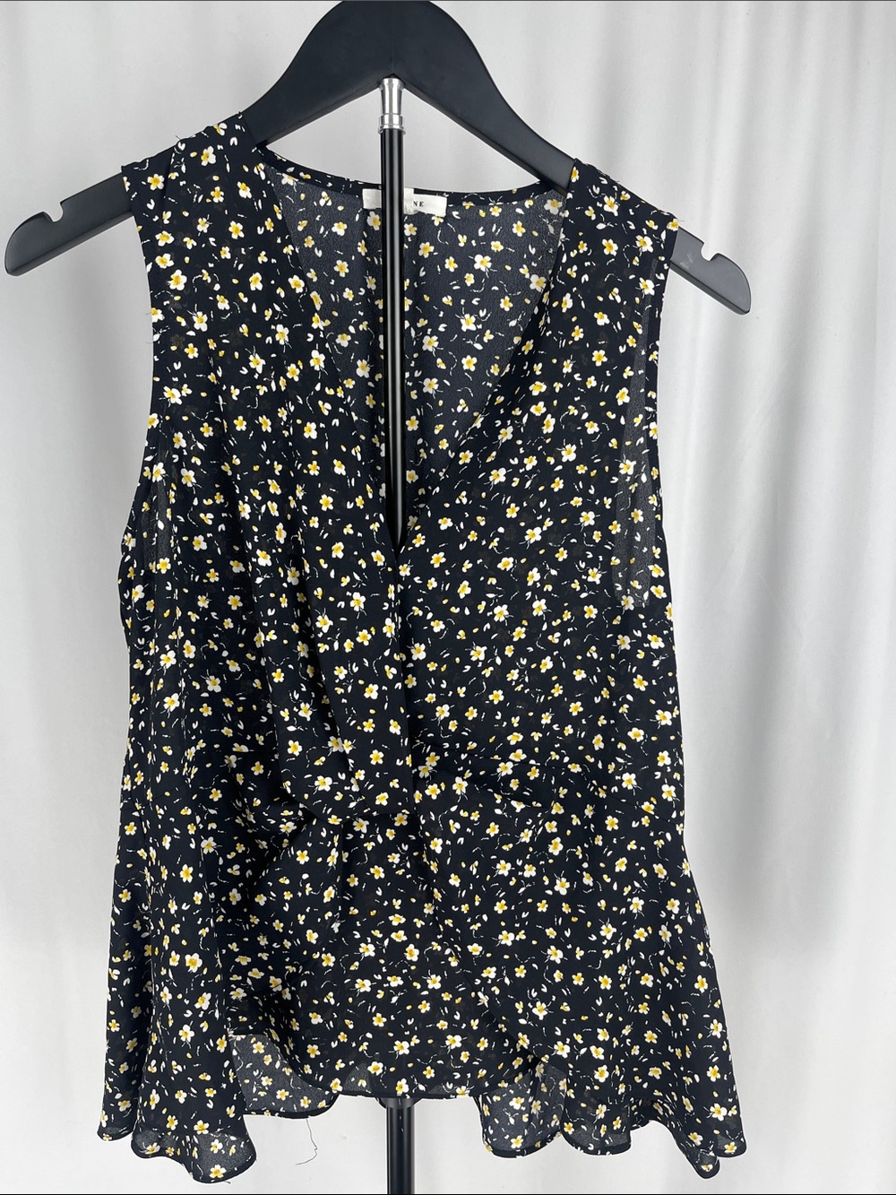 Pleione Black Floral Tuck Front Sleeveless Blouse with Yellow Daisy Print